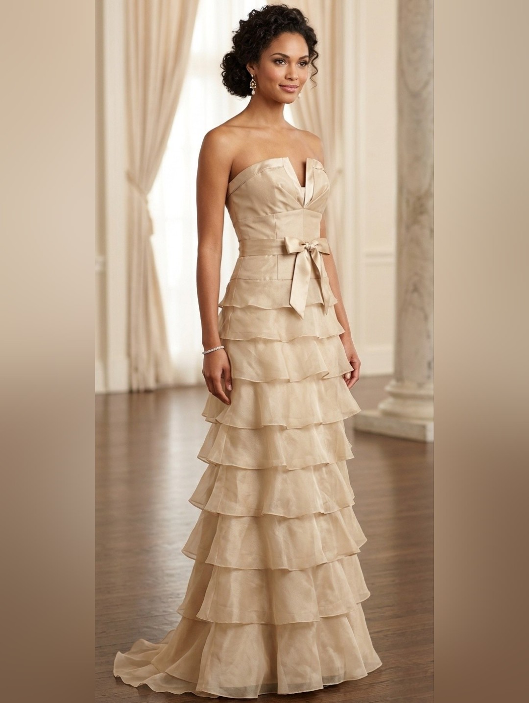 Kay Unger Champagne Silk Organza Tiered Strapless Maxi Dress Cocktail Evening 8